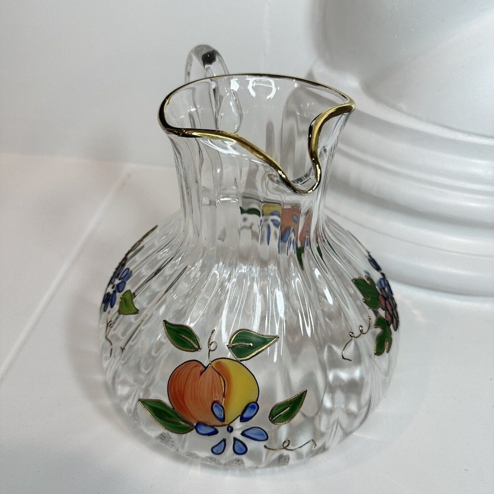 Crystal Clear Pitcher 8 Inch Ribbed Venetian Fruit 22K Gold Trim Romania 96 oz